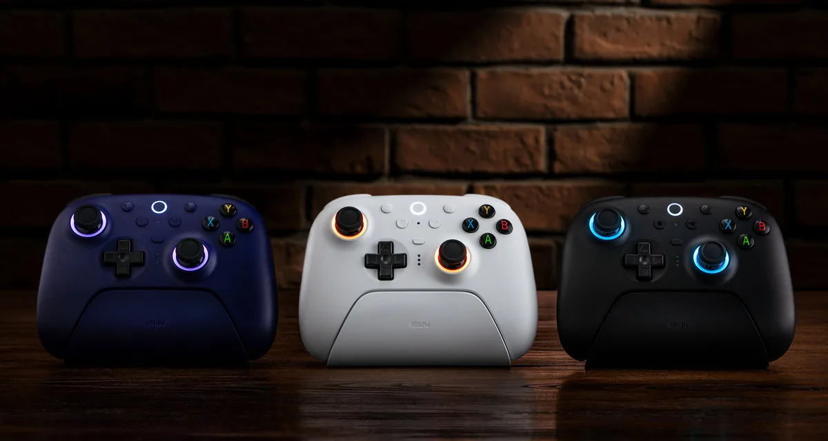 8BitDo Ultimate 2 controllers with RGB stick rings in three colors