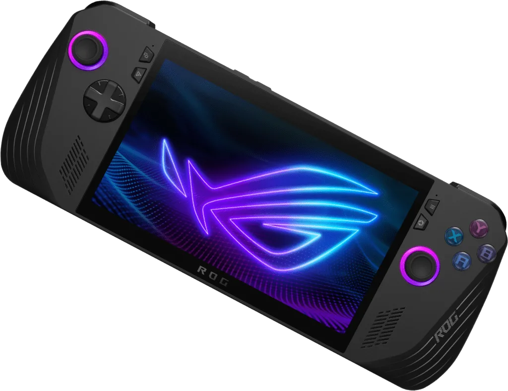 ASUS ROG Ally X front view with the ROG logo on screen