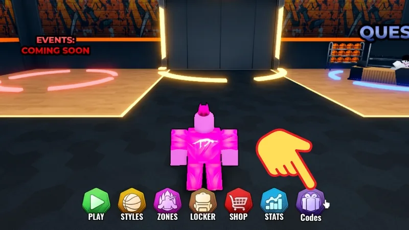 Basketball Zero lobby menu with the purple Codes gift button at the far right