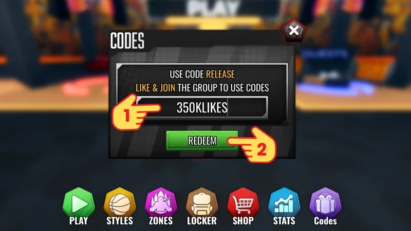 Basketball Zero Codes window with a code typed in the text box above the green Redeem button