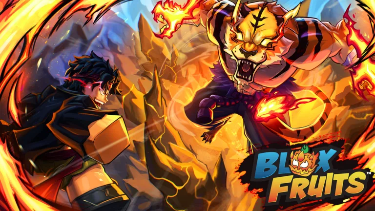 Blox Fruits key art of a player fighting a Tiger fruit user