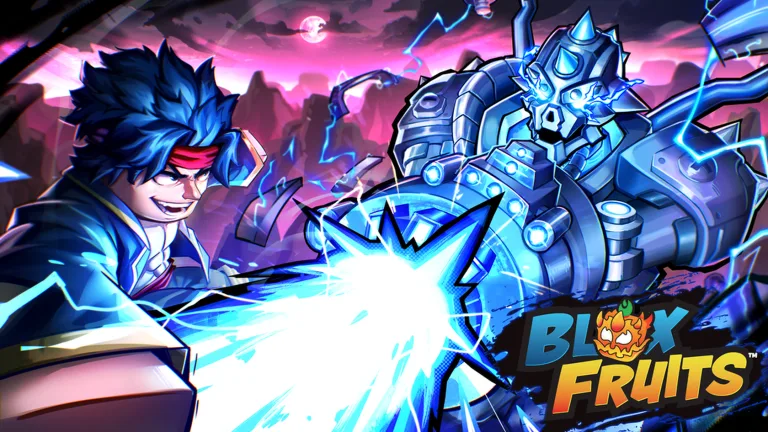 Blox Fruits update key art of a player blasting a giant robot