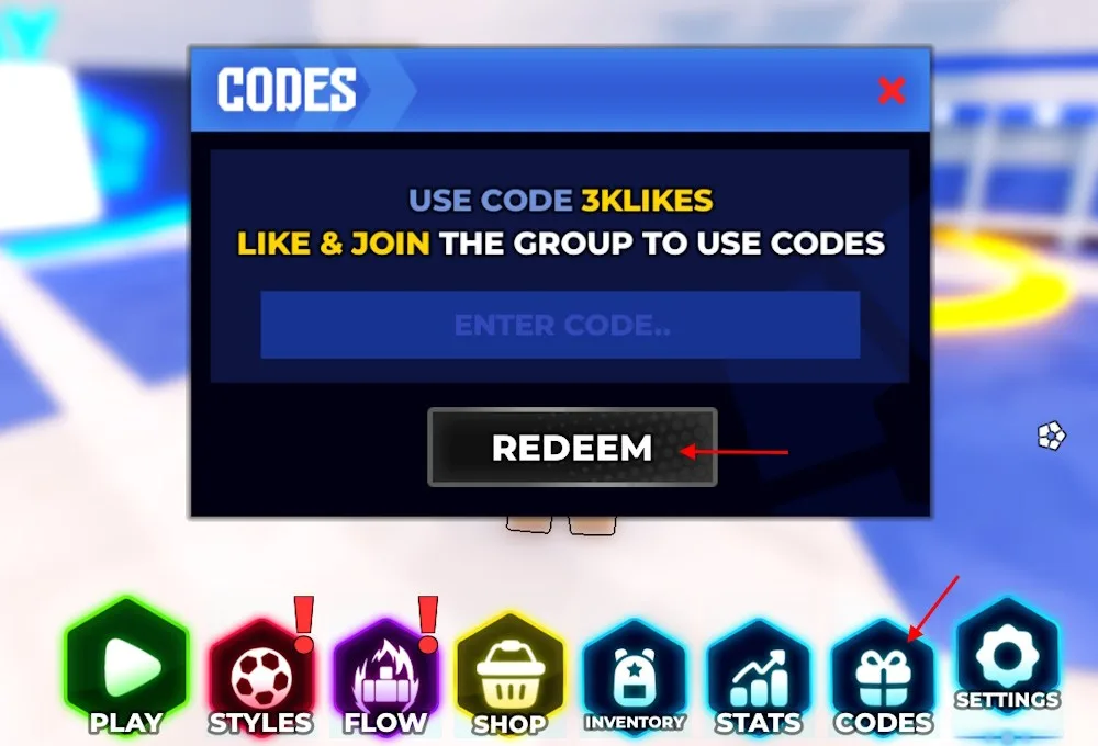 Blue Lock Rivals Codes window with the Enter Code box and Redeem button, and the Codes button in the bottom lobby menu
