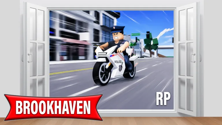 Brookhaven RP key art of a police officer riding a motorcycle through the city