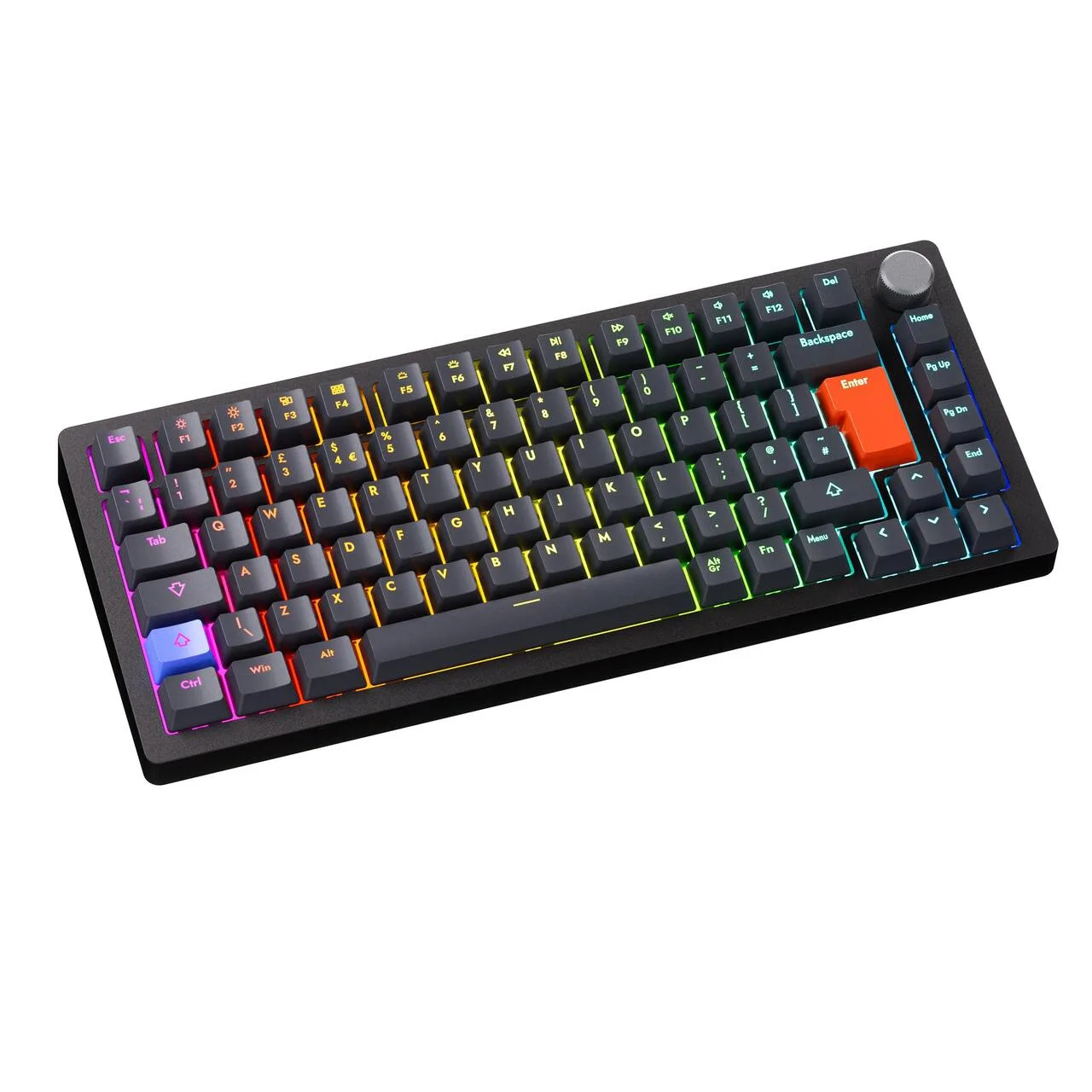 Angled view of the DrunkDeer A75 with rainbow RGB backlighting and an orange Esc key
