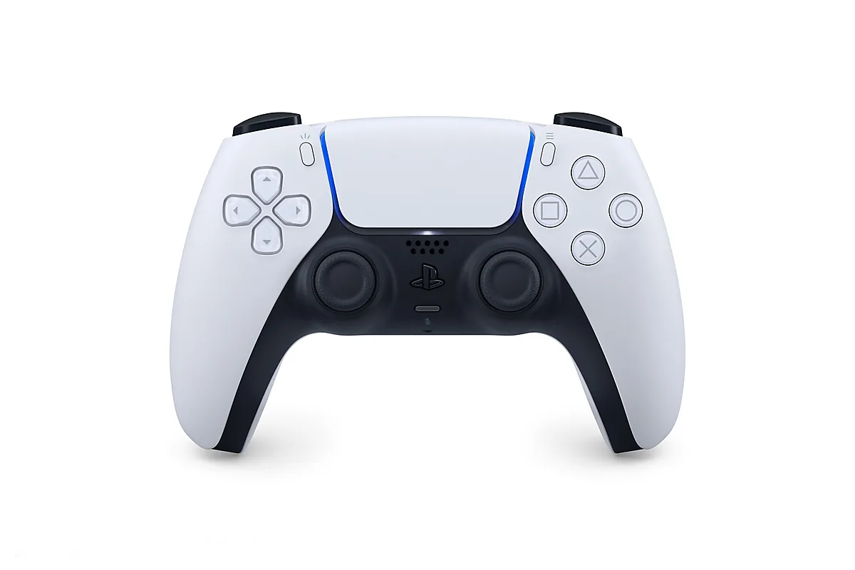 DualSense wireless controller seen from the front in white and black
