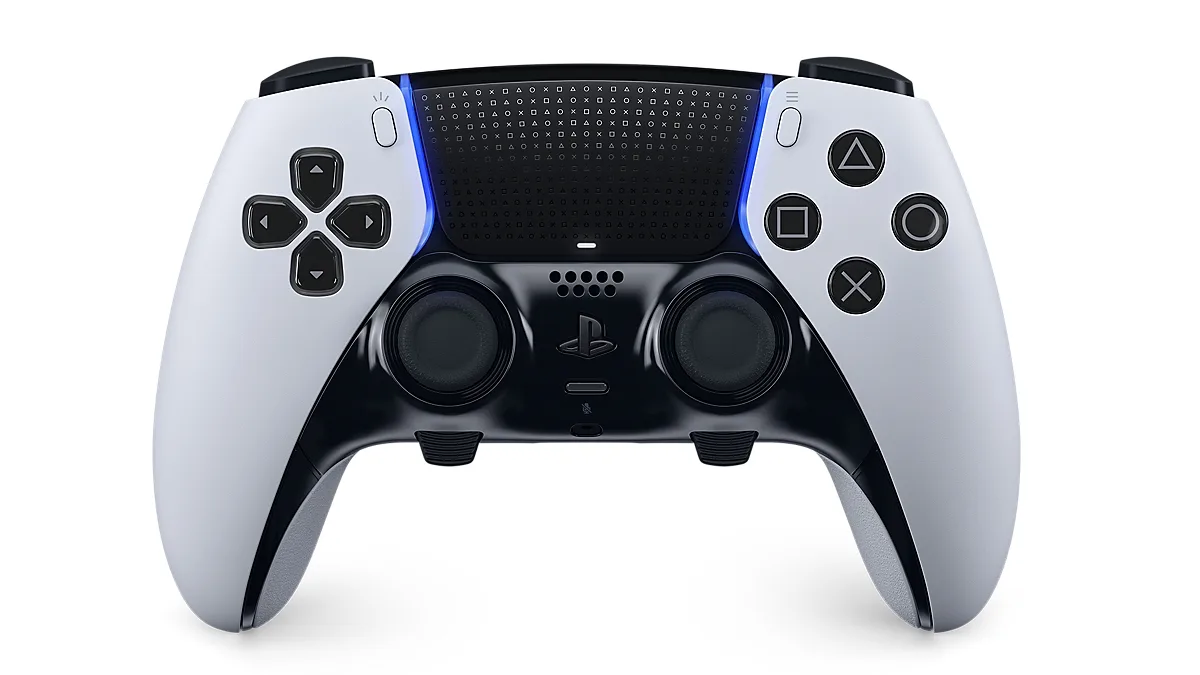 DualSense Edge controller from the front with black buttons and a textured touchpad