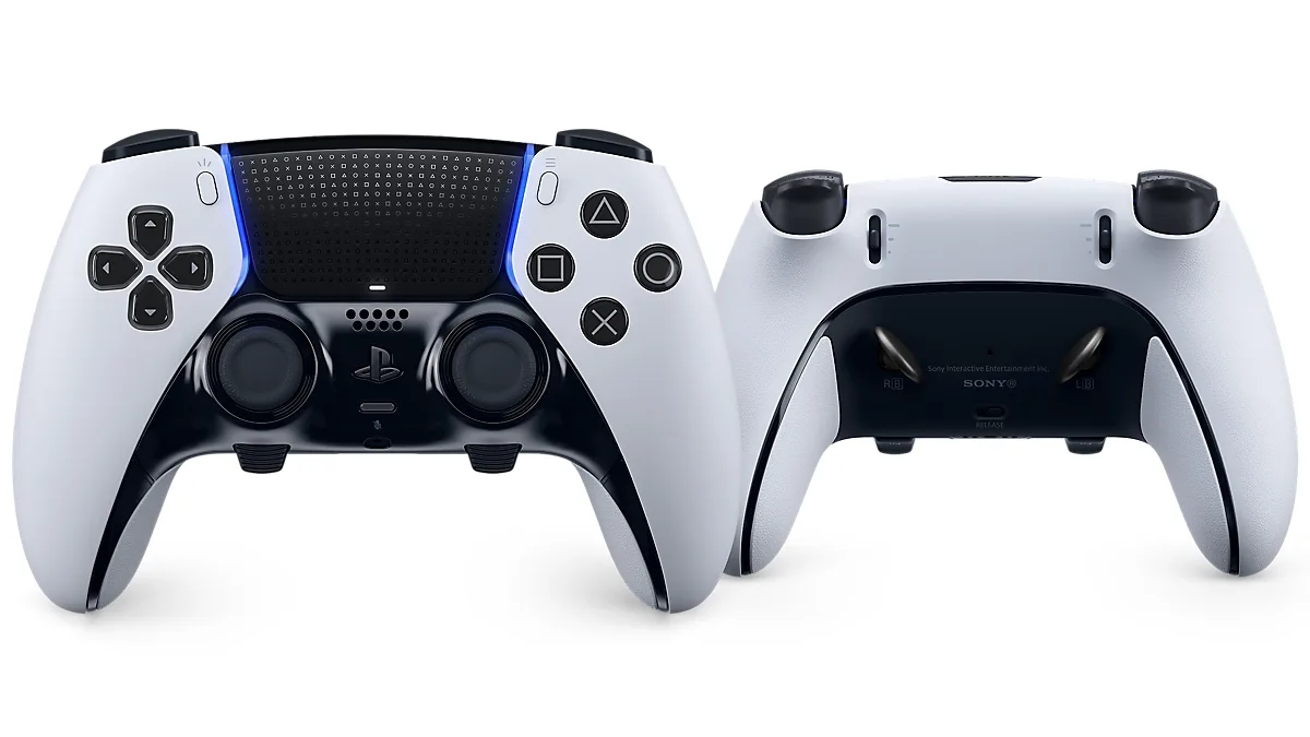 DualSense Edge shown from the front and from the back with its two removable back buttons