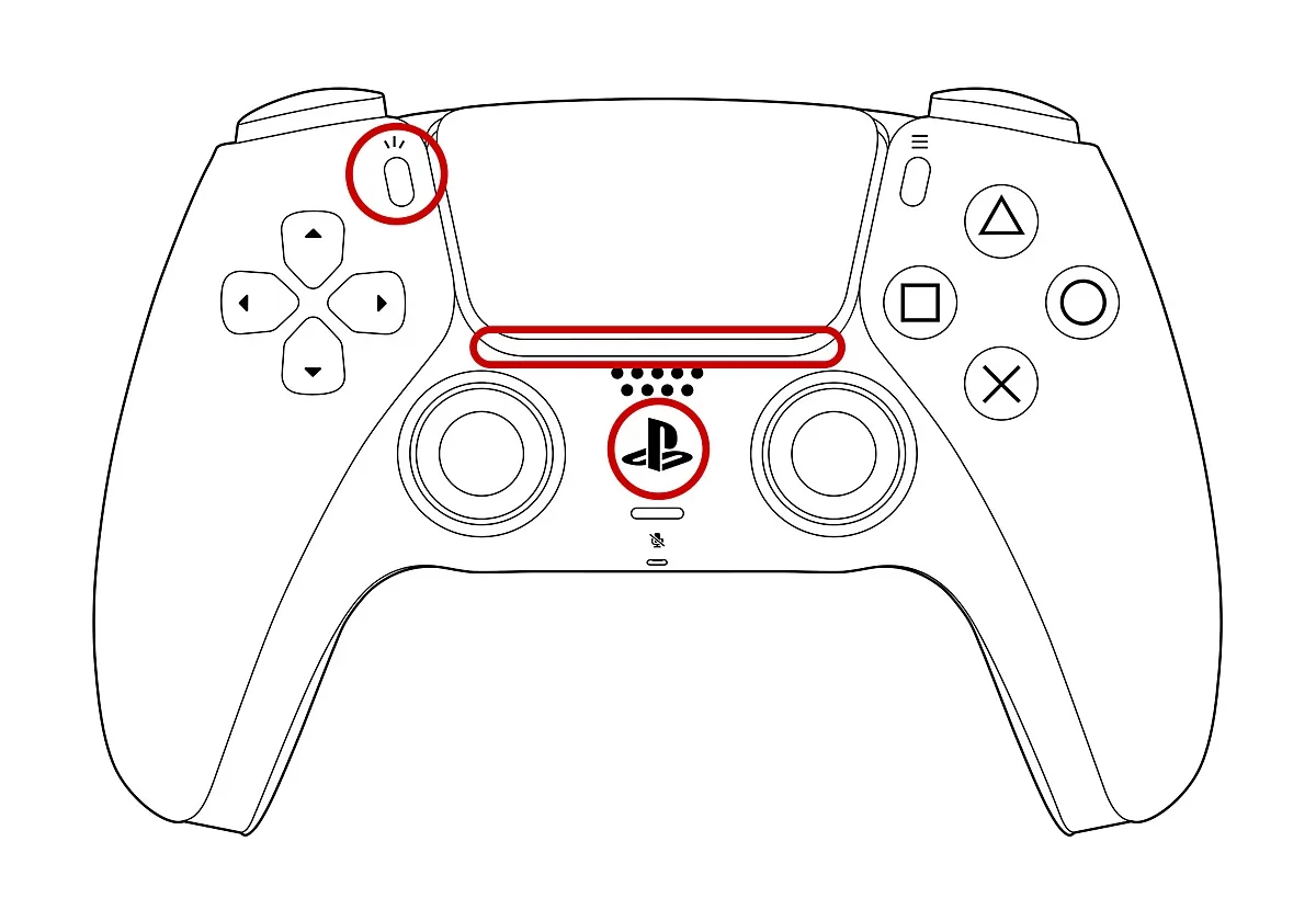 DualSense controller with the Create button, PS button and player indicator circled for wireless pairing