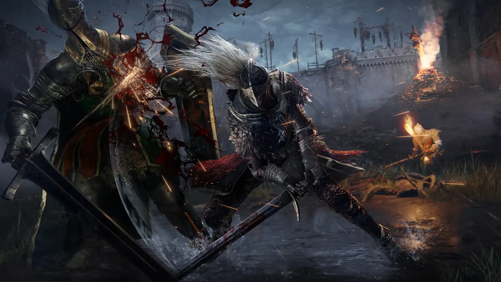 A Tarnished slashing an armored knight with a curved sword in Elden Ring