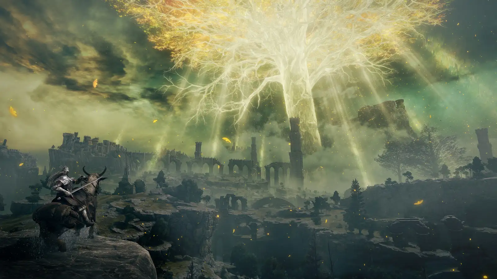 A Tarnished on Torrent overlooking ruins and the glowing Erdtree in Elden Ring