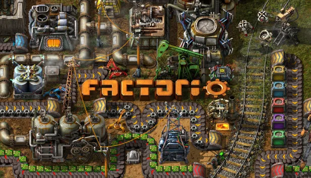 Factorio vs Satisfactory comparison, Factorio key art of the 2D factory game