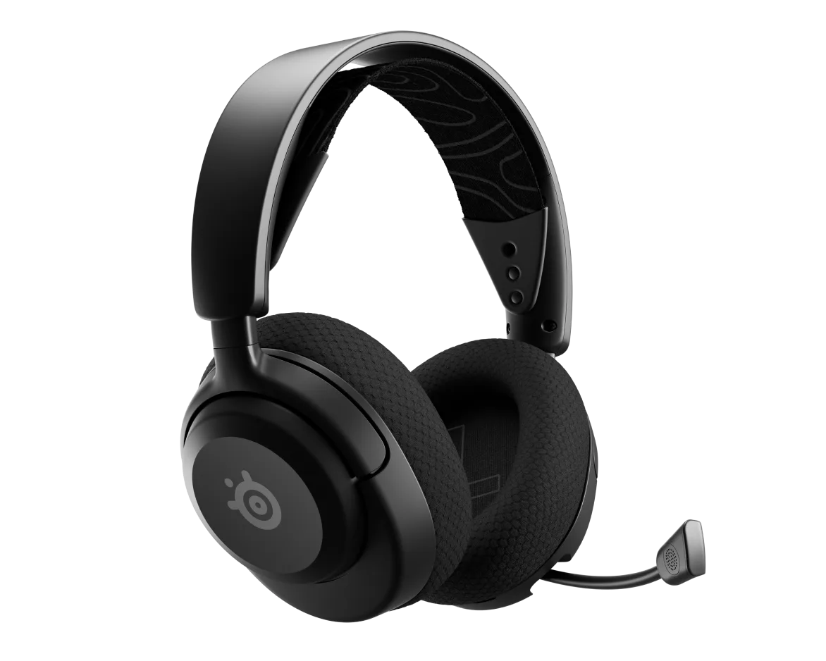Front view of the black SteelSeries Arctis Nova 5 Wireless headset with fabric ear cushions and suspension band