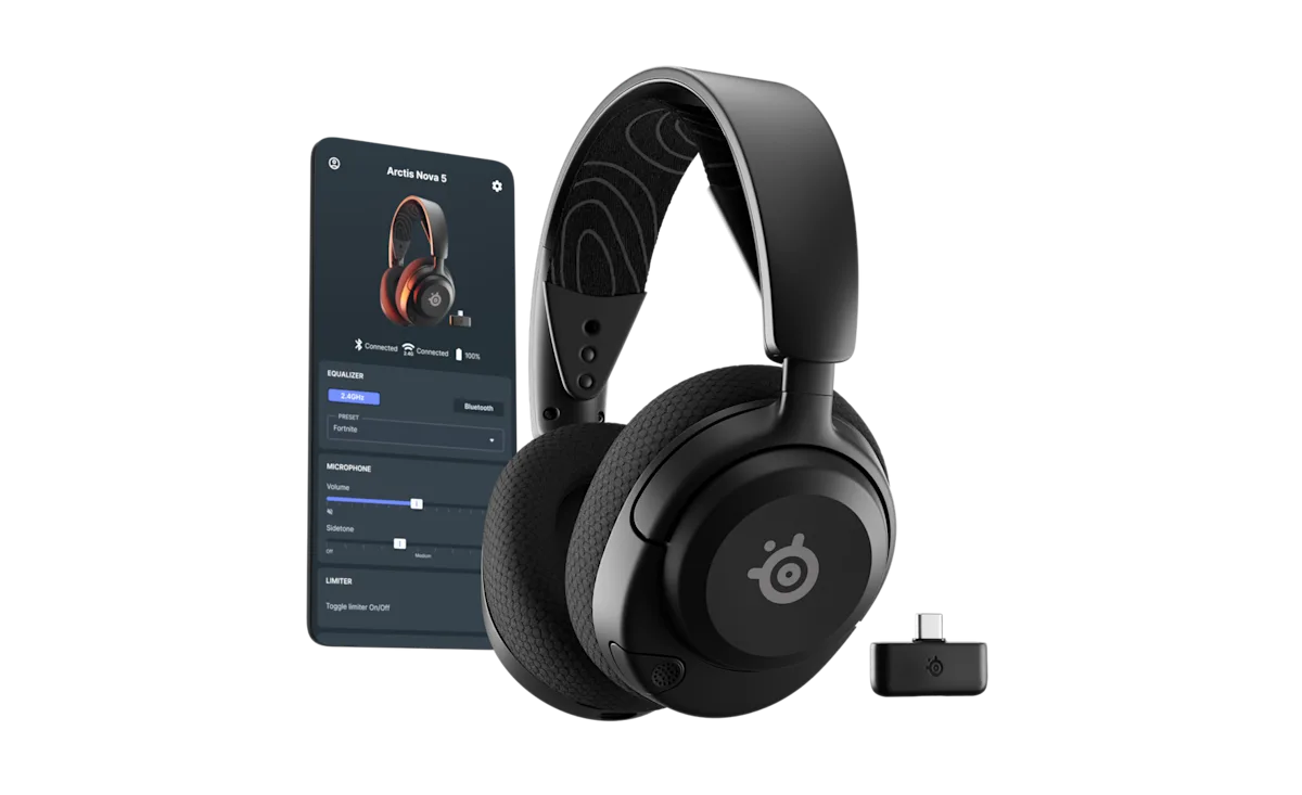 Arctis Nova 5 headset beside a phone showing the SteelSeries app with EQ, microphone volume and sidetone sliders
