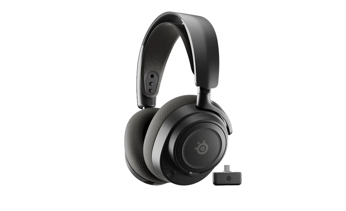 Black SteelSeries Arctis Nova 7 Wireless Gen 2 headset with its USB-C 2.4 GHz wireless dongle