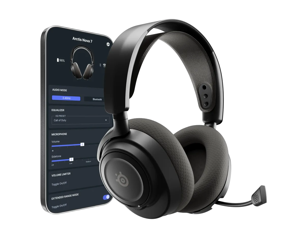 Arctis Nova 7 Wireless Gen 2 headset beside a phone showing the SteelSeries app with audio mode, EQ, mic and sidetone settings