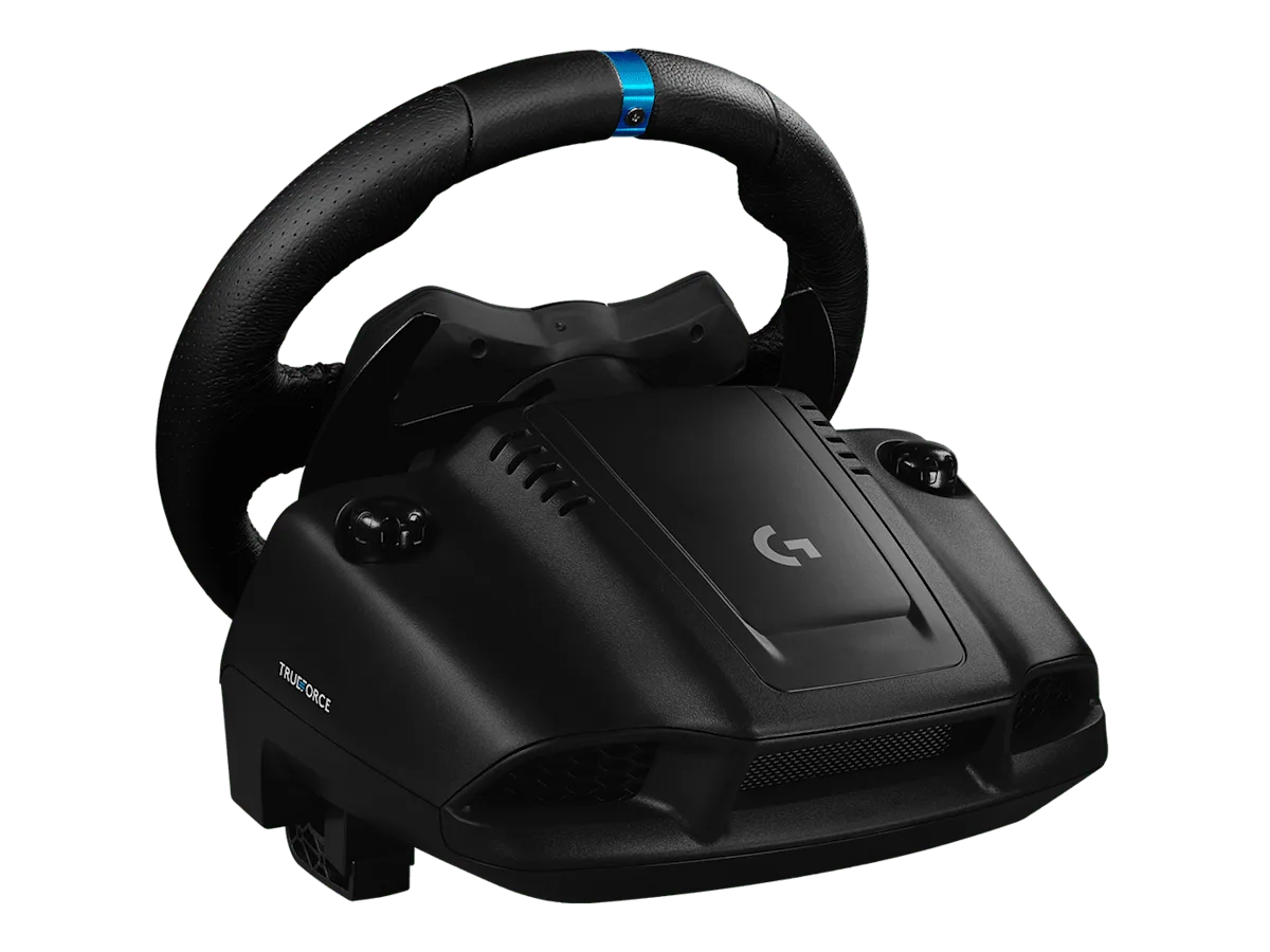 Rear three-quarter view of the Logitech G923 housing with the wheel rim attached