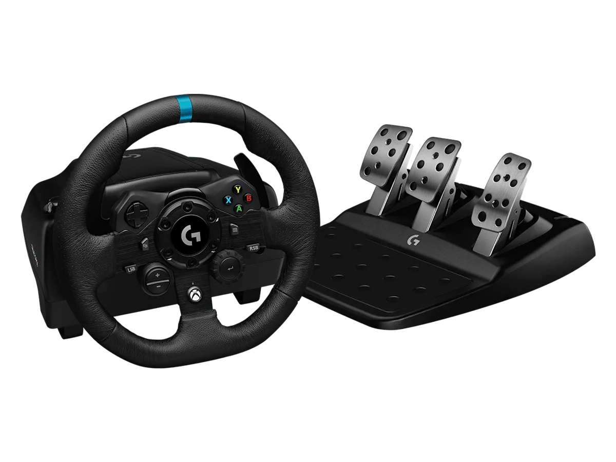 Logitech G923 Xbox and PC racing wheel with its three-pedal set