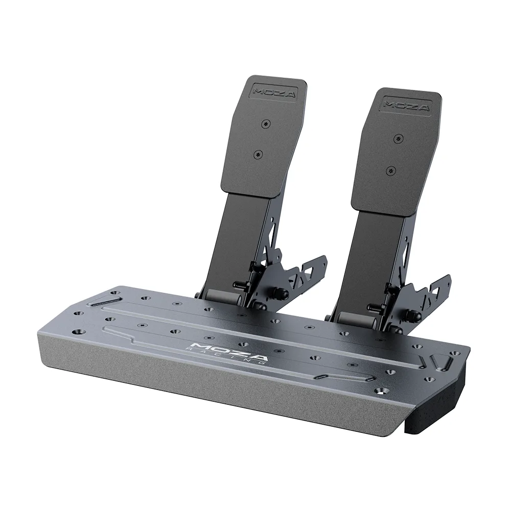 MOZA SR-P Lite two-pedal set with steel pedal arms on a metal base plate