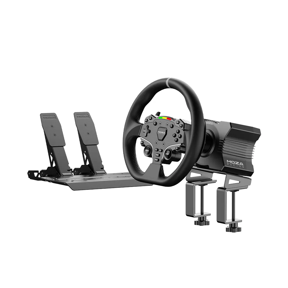 MOZA R5 bundle showing the wheelbase on desk clamps, ES wheel and SR-P Lite pedals