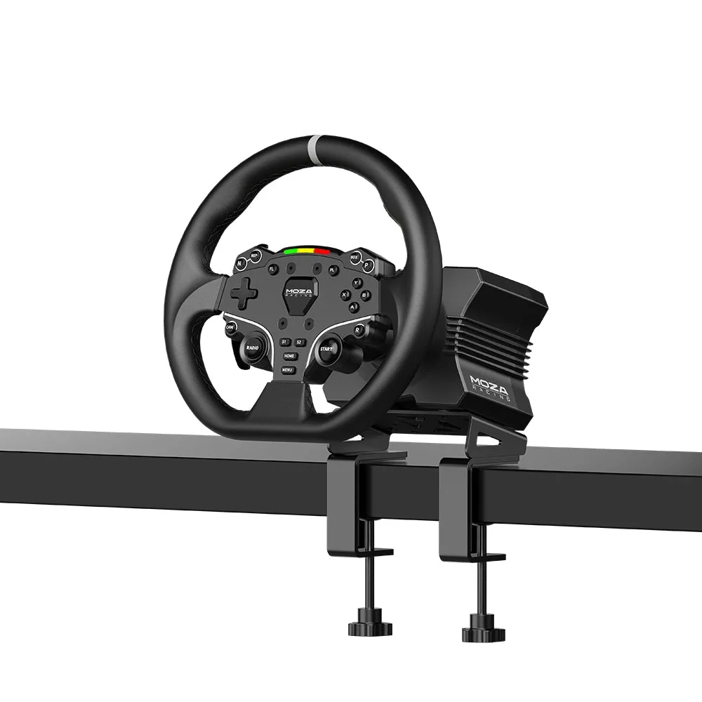 Moza R5 wheelbase and ES wheel mounted to a desk with the included clamps