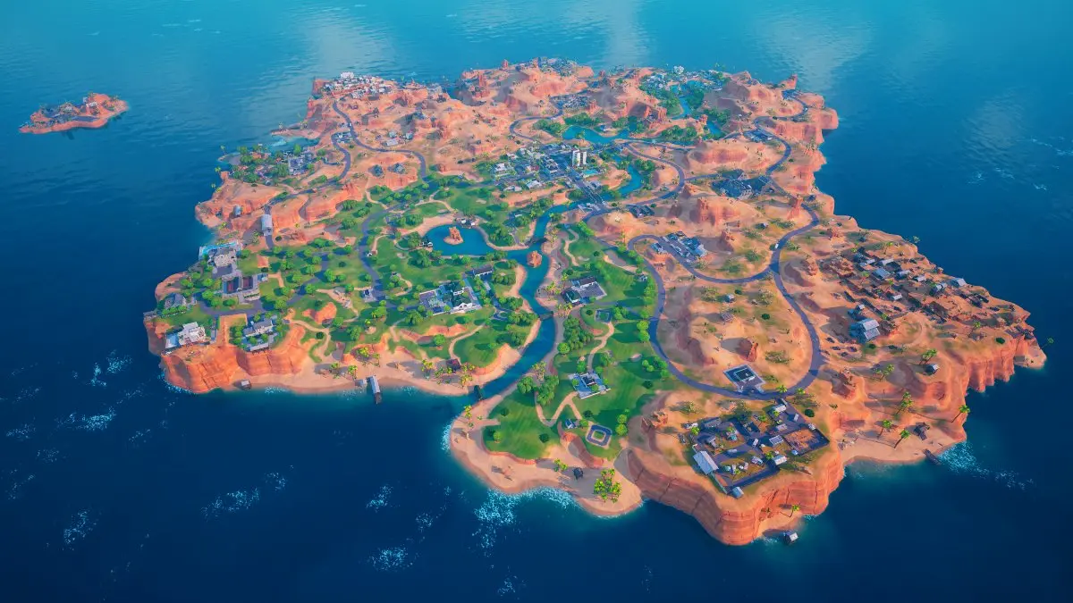 Fortnite vs Apex Legends: the Fortnite Battle Royale island seen from above