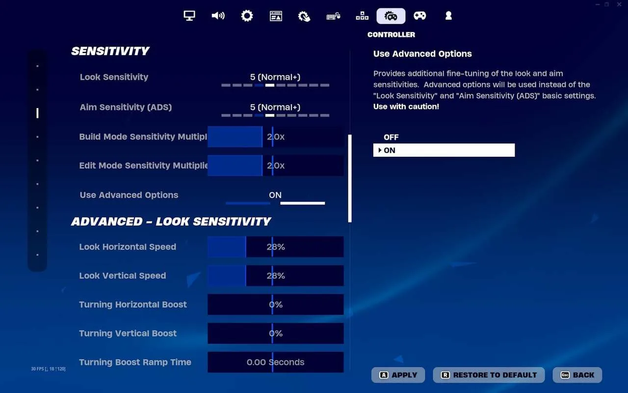 Fortnite controller Sensitivity menu with Look Sensitivity, build and edit multipliers and Use Advanced Options