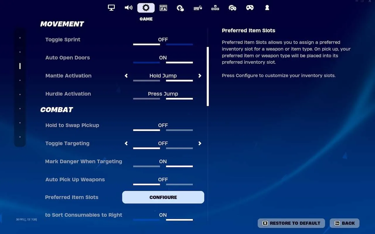 Fortnite Game settings tab showing Movement and Combat options such as Toggle Sprint and Mantle Activation