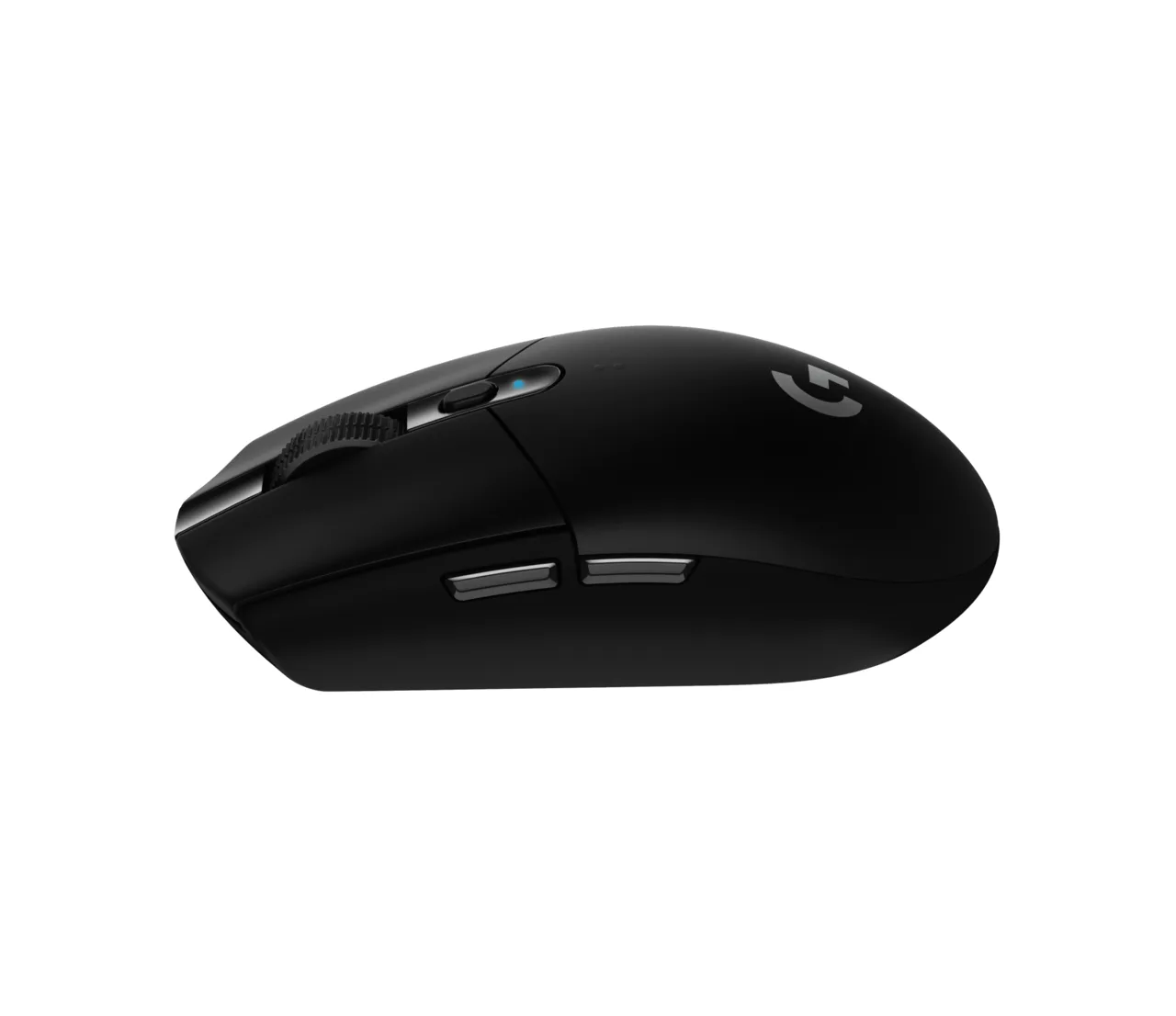 Side view of the black Logitech G305 LIGHTSPEED showing the rounded shell and thumb buttons (transparent PNG)