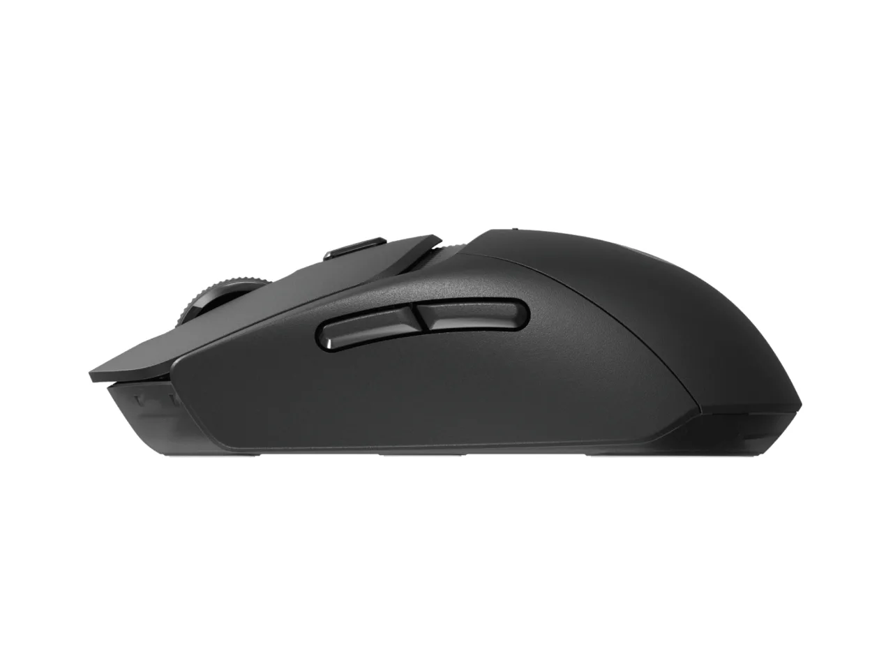 Side profile of the black Logitech G309 LIGHTSPEED showing the two thumb buttons