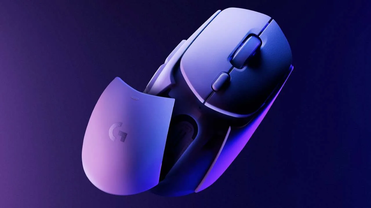 Logitech G309 LIGHTSPEED with its rear shell lifted off to show the battery compartment