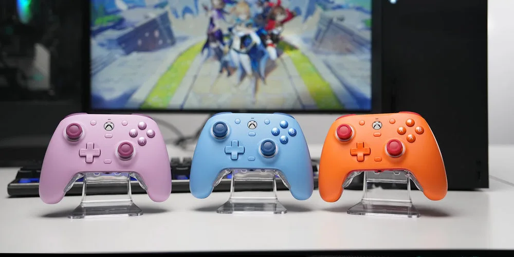 GameSir G7 SE wired controllers in lilac, blue and orange