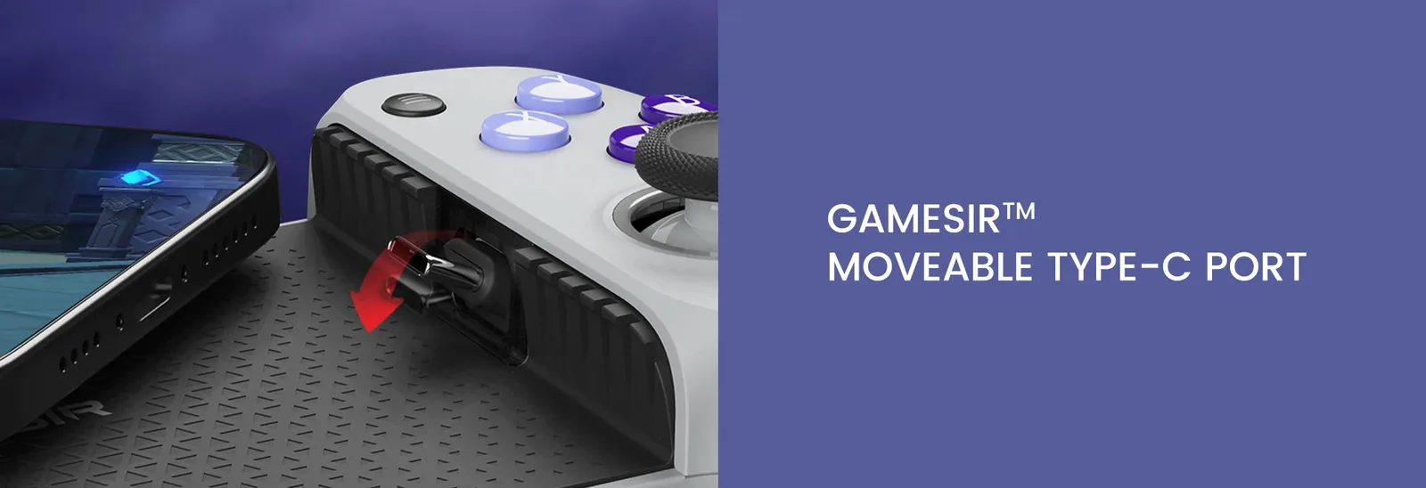 GameSir G8 Galileo movable USB-C port pivoting beside a phone