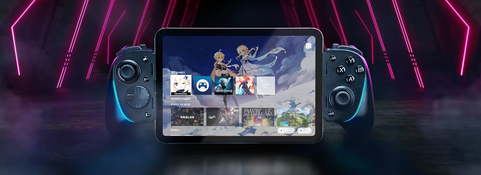 Razer Kishi Ultra holding an iPad mini with RGB lighting along the grips