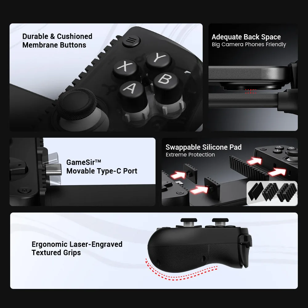 GameSir X5 Lite membrane buttons, movable USB-C port and swappable silicone pads