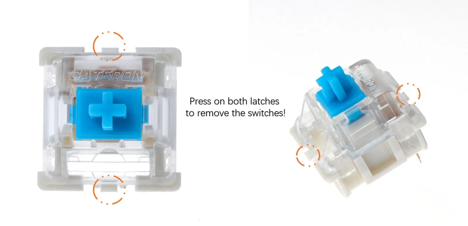 Gateron switch with the two side latches circled for removal