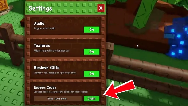 Grow a Garden codes box in the Settings menu with the Claim button
