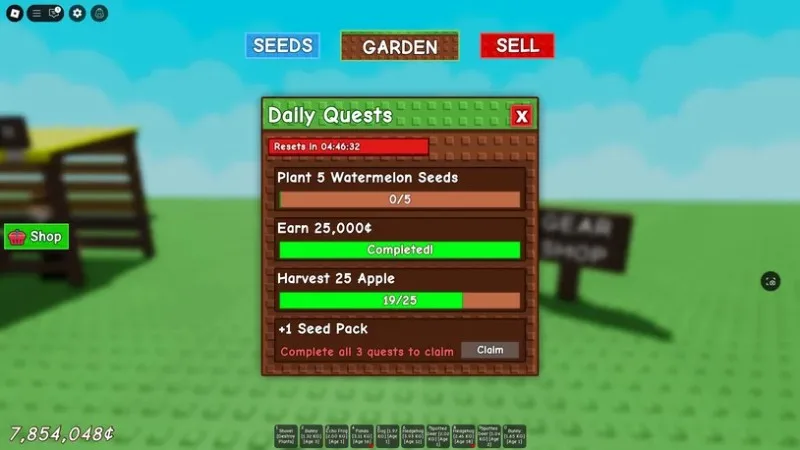 Grow a Garden Daily Quests panel with a Seed Pack reward
