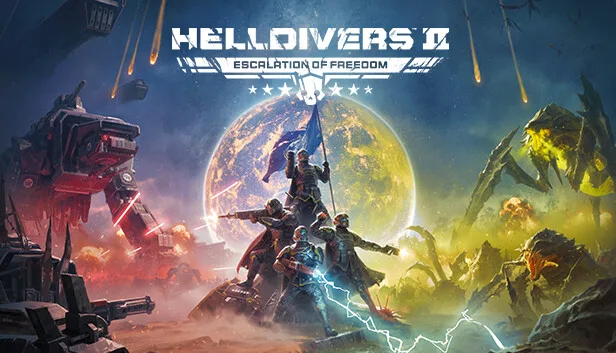 Helldivers 2 vs Space Marine 2 cover art for Helldivers 2