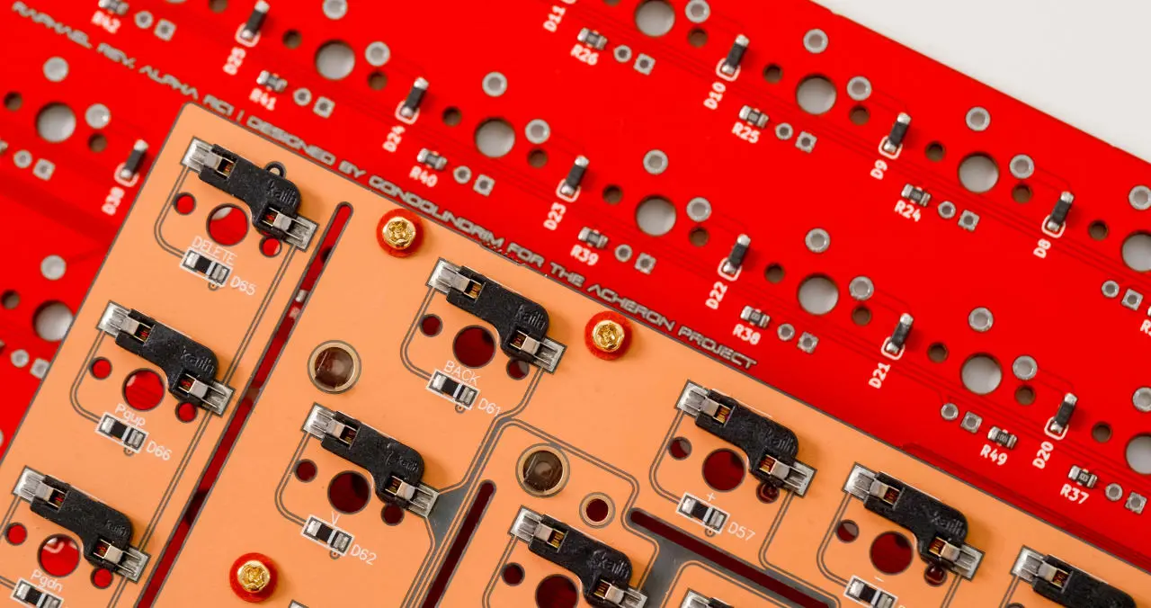 Close-up of hot-swap sockets on a custom keyboard PCB