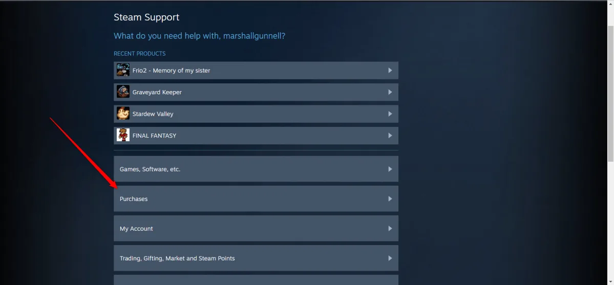 How to refund a game on Steam step 1: click Purchases on Steam Support