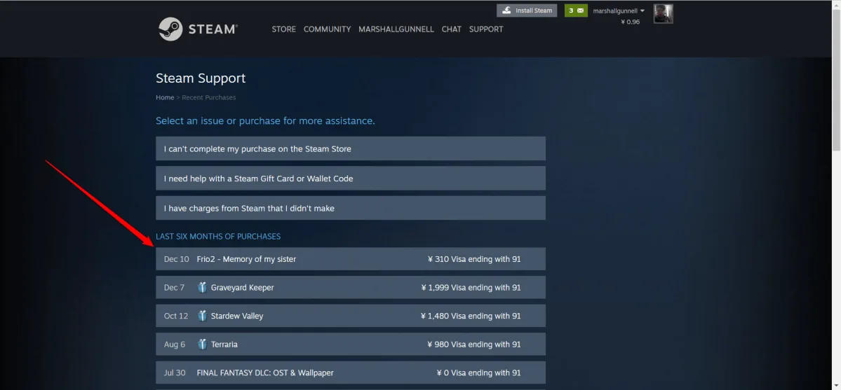 How to refund a game on Steam step 2: select the game from your purchases