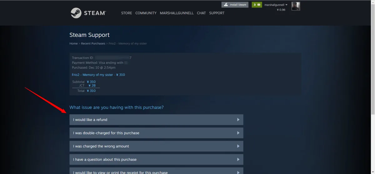 How to refund a game on Steam step 3: click I would like a refund
