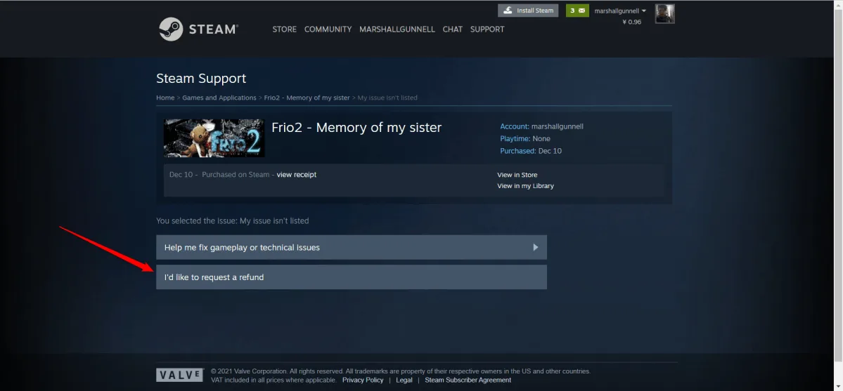How to refund a game on Steam step 4: click I'd like to request a refund