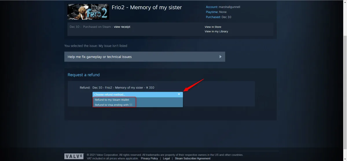 How to refund a game on Steam step 5: choose Steam Wallet or original payment method