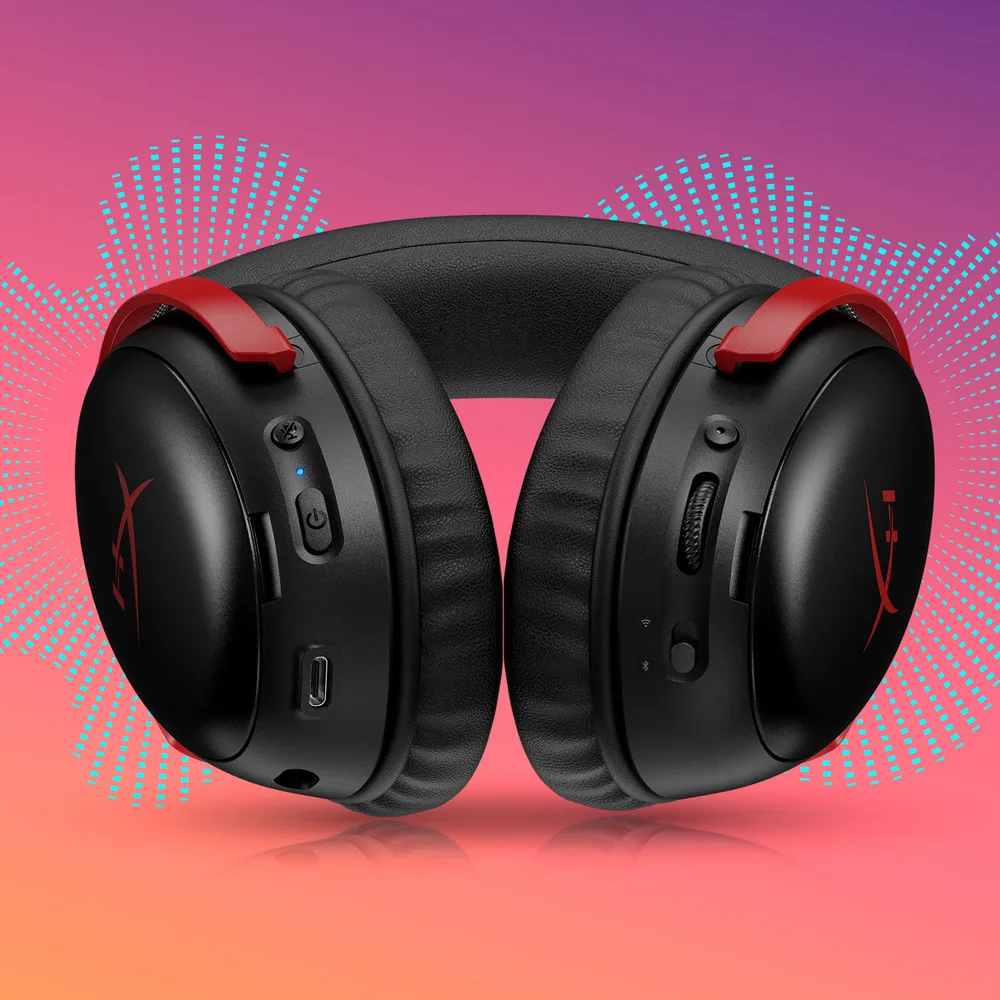 Underside of the HyperX Cloud III S Wireless ear cups with controls