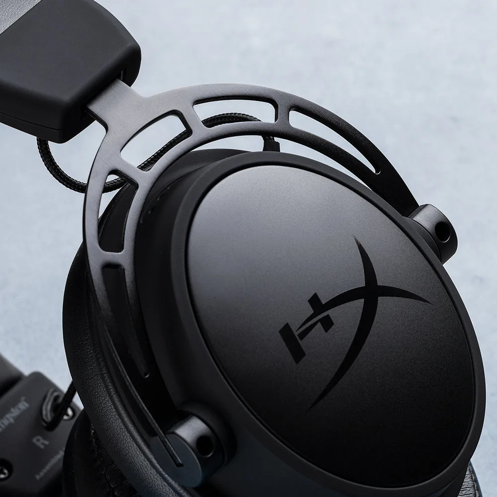Close-up of the Cloud Alpha aluminum frame and HyperX logo on the ear cup