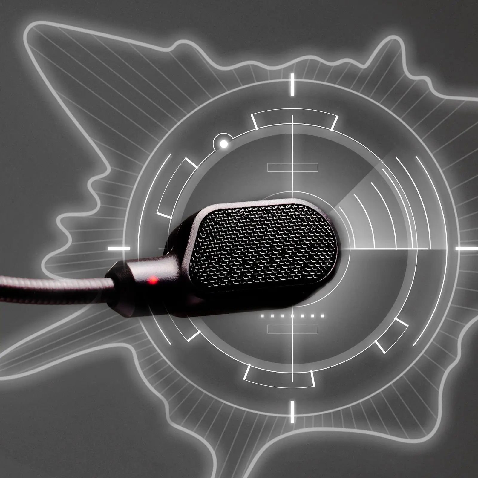 Close-up of the HyperX Cloud III microphone with its mesh windscreen and red mute LED