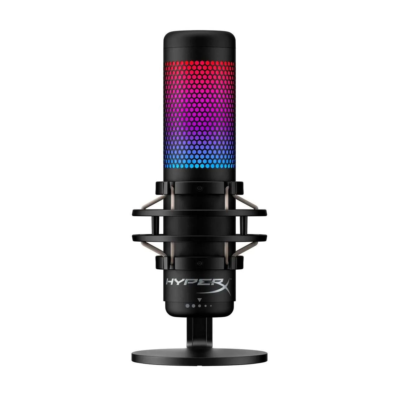 HyperX QuadCast S microphone with RGB lighting in its shock mount on a round stand