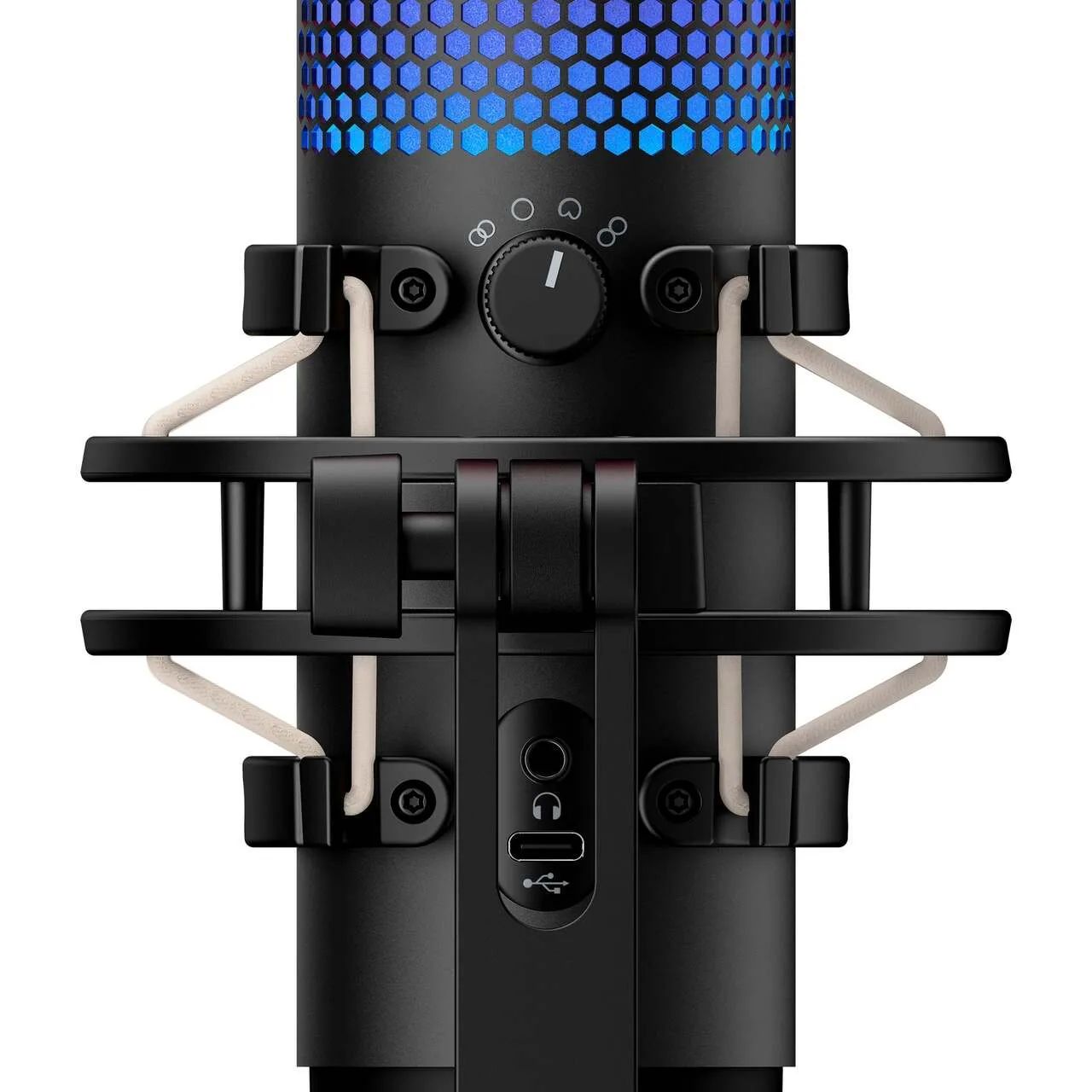 Rear of the HyperX QuadCast S showing the polar pattern selector, gain knob and ports